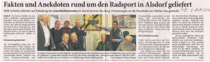 AZ vom 01.04.2016: Fakten und Anekdoten rund um den Radsport in Alsdorf geliefert